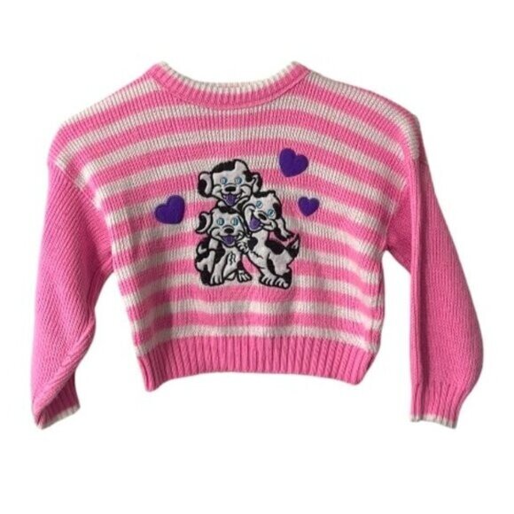 Unbranded Other - Vintage Kids Cute Pink White Striped Crewneck Knit Pullover Puppy Sweater 2T